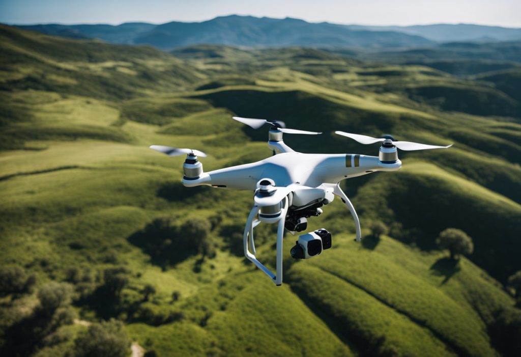 A drone hovers over a remote landscape, collecting data for scientific research. Its camera captures the terrain below, while its sensors gather valuable information for analysis