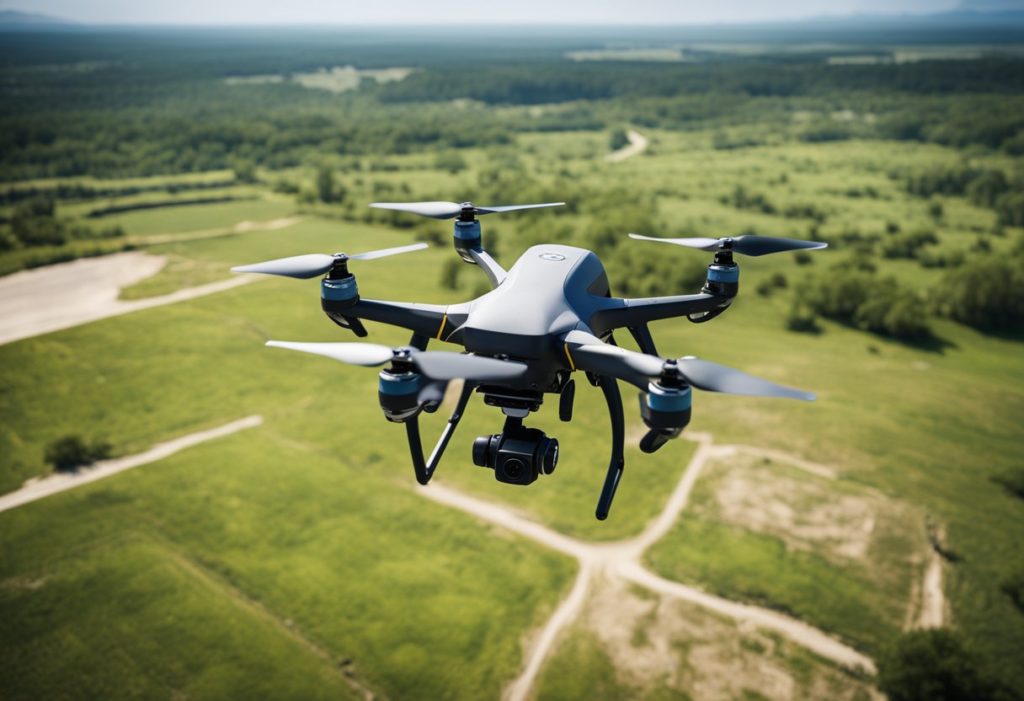 Drone hovers over a research site, equipped with advanced sensors and cameras for scientific data collection