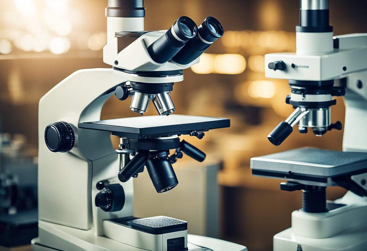 A light microscope with visible light and lenses, compared to an electron microscope using a beam of electrons for higher magnification and resolution
