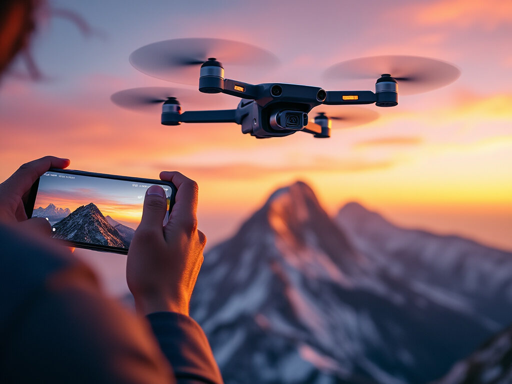 Photo réaliste d'un drone de loisir survolant un paysage pittoresque au coucher du soleil, capturant des vues aériennes à couper le souffle d'une montagne. Le drone est contrôlé par une personne à l'aide d'un smartphone, illustrant la facilité et le plaisir de voler à des fins récréatives.
