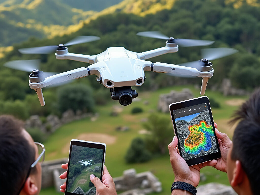 Photo réaliste d'un drone de recherche équipé de capteurs de haute technologie survolant un site archéologique dans la péninsule maya, capturant des données détaillées. L'équipe de recherche observe la collecte des données sur des appareils portables.